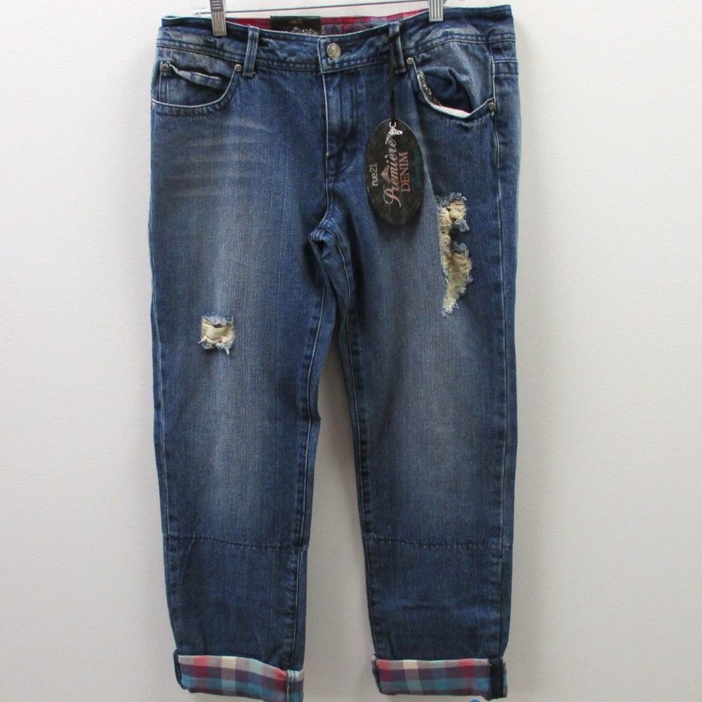Premiere Bootcut Plaid Roll Cuff Distressed Jeans